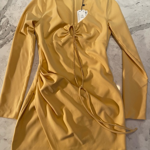 Dress Zara Draped Long sleeve Jeweled Neck Stretchy Mini Size M NWT - Picture 3 of 5